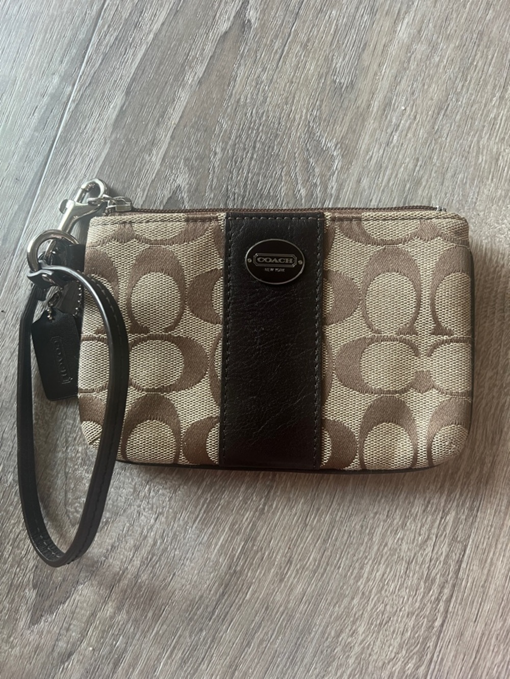 Coach Khaki and Brown Signature Canvas Wristlet with Leather Stripe